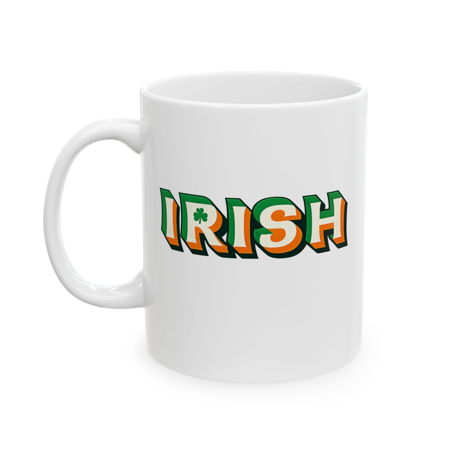 Irish Pride Ceramic Mug — Retro 3D Text in Irish Flag Colors (11oz, 15oz)