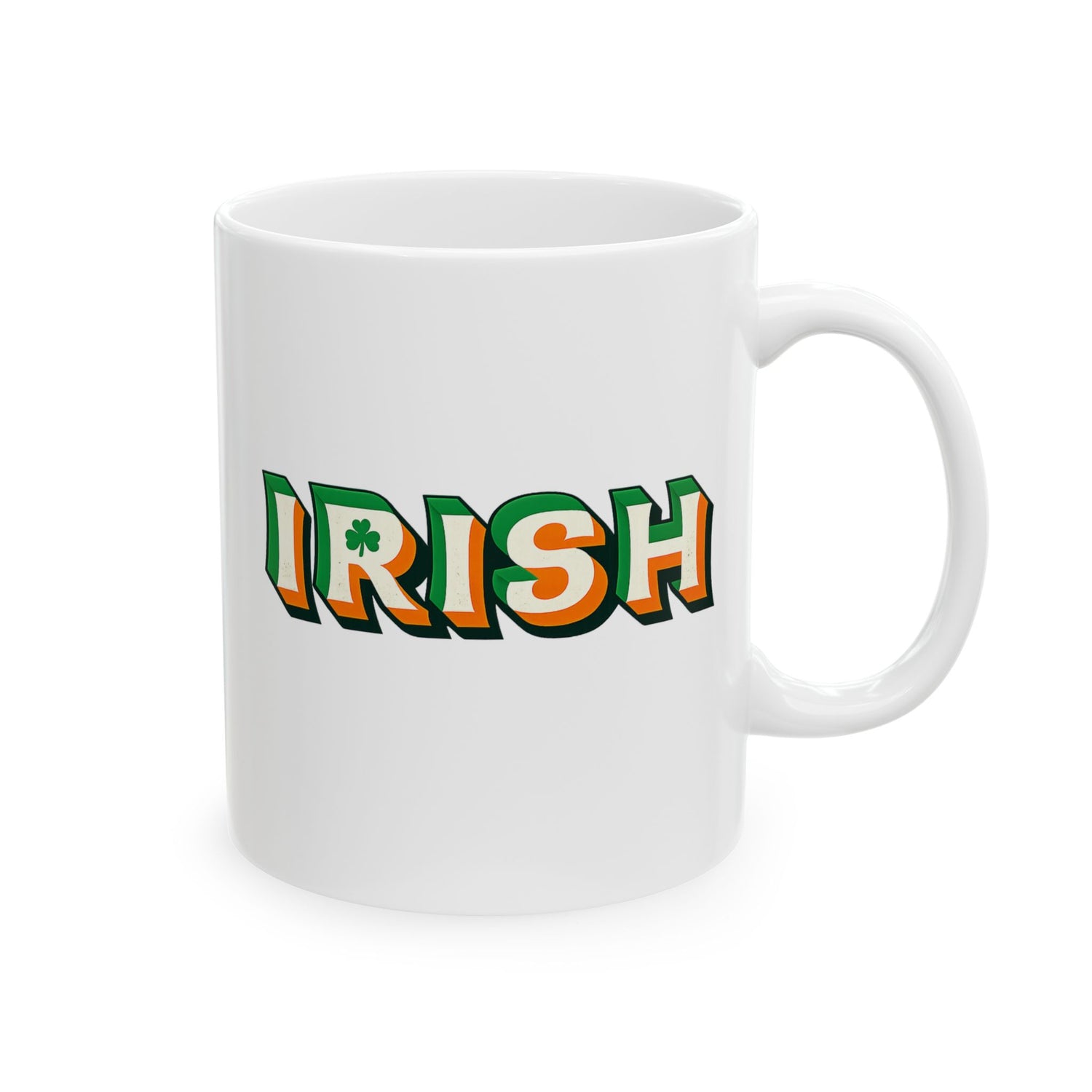 Irish Pride Ceramic Mug — Retro 3D Text in Irish Flag Colors (11oz, 15oz)